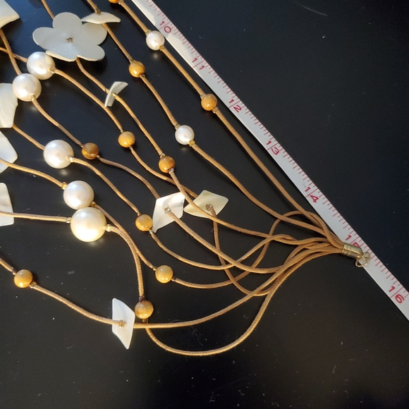 Handmade multi strand choker necklace, pearl & leather, white / cream / gold - Picture 7 of 11